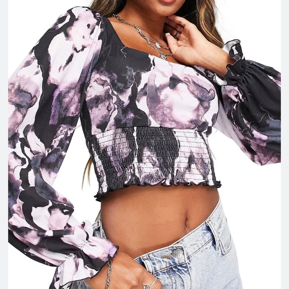 Topshop Crop Smocked Square Neck Blouse SZ 12